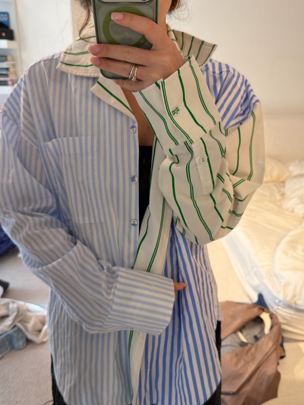 Princess Polly Striped Patchwork Button-Down Shirt in Blue, White & Green